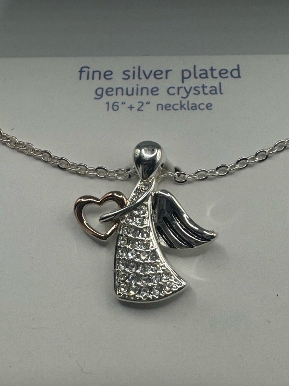 Fine Silver Plated Angel Pendant Necklace with Gold Tone Heart - Genuine Crystal